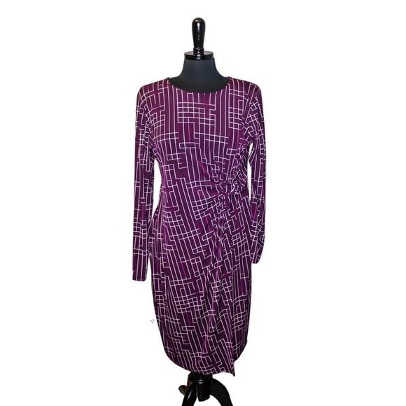 Calvin Klein Midi Dress Long Sleeve Geometric Print Purple Size XL - Picture 1 of 4